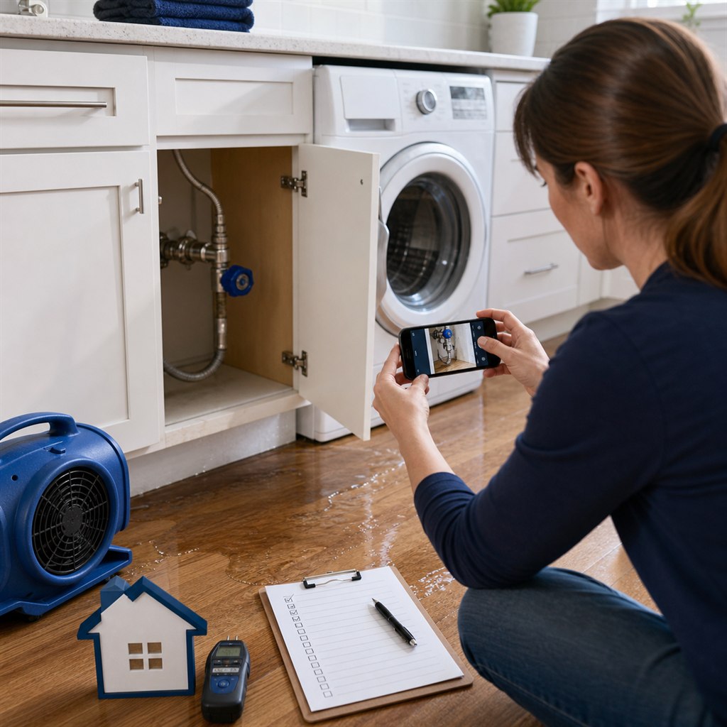 Appliance overflow water damage first steps in a home